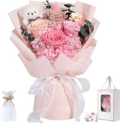 Preserved Rozenboeket met Beer, Eternity Bloemen voor Verjaardag, Moederdag en Valentijnsdag Cadeaus voor Vrouwen en Moeders