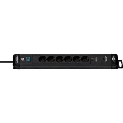 Brennenstuhl Premium-Line Stekkerdoos, 6-voudig Totale laadstroom max. 3,1 A + 1 x USB-stroomvoorziening. 3m Kabel zwart