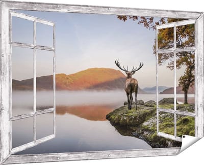 Gards Tuinposter Doorkijk Hert bij een Meer - 180x120 cm - Tuindoek - Tuindecoratie - Wanddecoratie buiten - Tuinschilderij