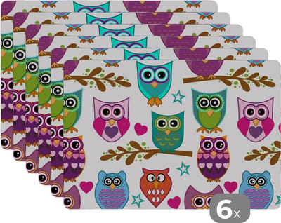 Placemat - Placemats kunststof - Design - Uilen - Dieren - 45x30 cm - 6 stuks - Hittebestendig - Anti-Slip - Onderlegger - Afneembaar