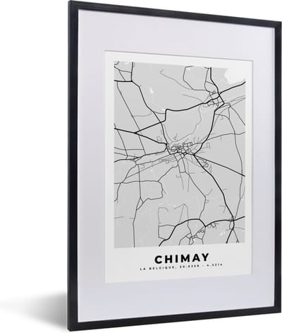 Fotolijst incl. Poster Zwart Wit- Zwart Wit – België – Plattegrond – Stadskaart – Kaart – Chimay - 30x40 cm - Posterlijst