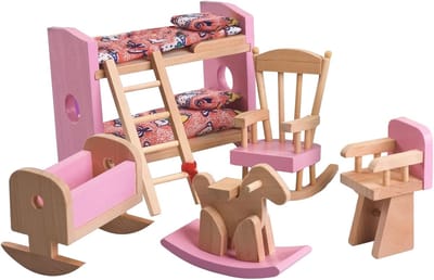 Poppenhuis Meubels - Slaapkamer Set - Fantasierijk Spel - Robuust Houten Materiaal - 6 Delige Set - Houtkleur