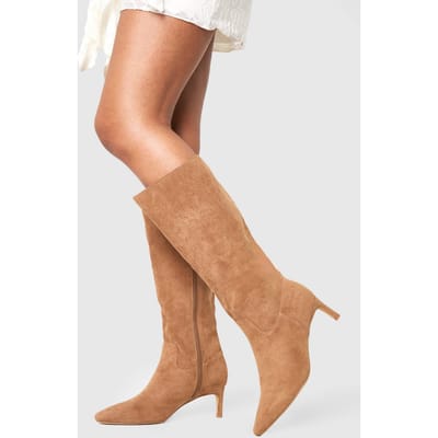 boohoo Dames Kniehoge laarzen met brede pasvorm en lage hak | Camel | Maat: 6