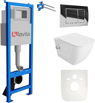 LAVITA® Inbouwreservoir Complete Toiletset LAV 101 - Inbouw WC Hangtoilet Wandcloset PARANA Wit Hoogglans - Bedieningsplaat 200.1.2 Chroom - Voorwandelement voor toilet 40cm - Installatiesysteem
