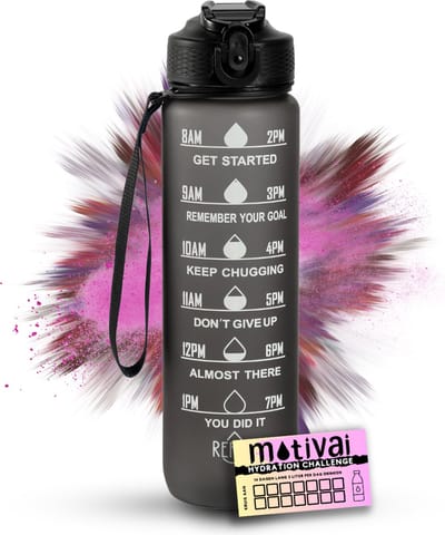 Motivai Motivatie Waterfles - Zwart - Inclusief Extra Afsluitklepje - 1 Liter - Motiverende Drinkfles met Rietje - BPA Vrij - Met Motivai Hydration Challenge