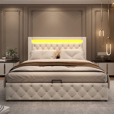Gestoffeerd Bed met LED-verlichting - 160 x 200 cm - Tweepersoonsbed - Opbergbed met Opbergruimte - Zonder matras - Wit