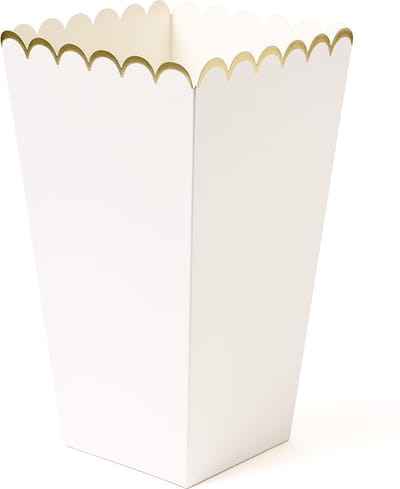 PARTYPRO - 8 witte en gouden popcornbakjes 12,5 x 7 cm, geschulpte rand