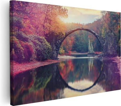 Artaza Canvas Schilderij Herfstbos - 30x20 cm - Klein - Muurdecoratie Landschap - Wanddecoratie Water Reflectie - Kamer Accessoires Natuur
