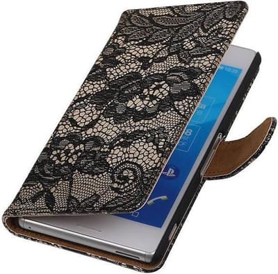 Lace Bookstyle Wallet Case Hoesjes Geschikt voor Sony Xperia M4 Aqua Zwart