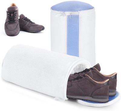 Dailygoods- Schoenwaszak met rits - 2 stuks - Wit/Blauw - Herbruikbaar - Polyester - Zachte vezels voor reiniging - Schoenentas