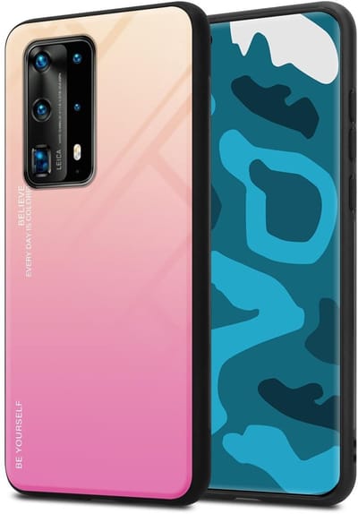 Cadorabo Hoesje geschikt voor Huawei P40 PRO / P40 PRO+ in GEEL - ROZE - Tweekleurige beschermhoes van TPU-silicone Case Cover en achterzijde van gehard glas