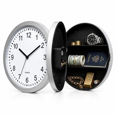 PolkaHome klok Retro Wandklok met Verborgen Kluis - Multifunctionele Opbergklok voor Sieraden & Waardevolle Spullen - Goud/Wit Dik Frame - Woonkamer Decoratie