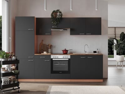 Goedkope keuken 270  cm - complete keuken met apparatuur Gerda  - Beuken/Grijs   - keramische kookplaat    - afzuigkap - oven    - spoelbak
