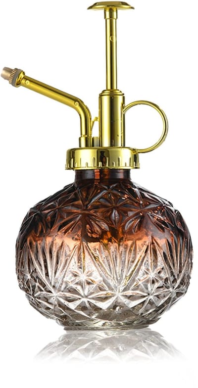 Dailygoods - Glazen plantenspuitfles, 240 ml, retro reliëf, plantenspuit met pomp, bloemenverstuiver, drukspuit voor balkon, kleine tuinplanten, binnen huis of kantoor, koffiekleur + gouden sproeikop