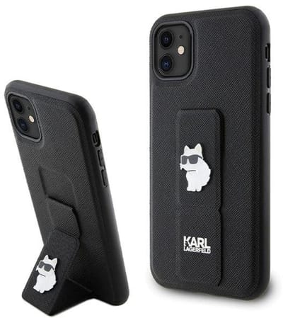 Karl Lagerfeld Gripstand Serie - iPhone 11 Hoes - Zwart - Saffiano Materiaal - Choupette Pins