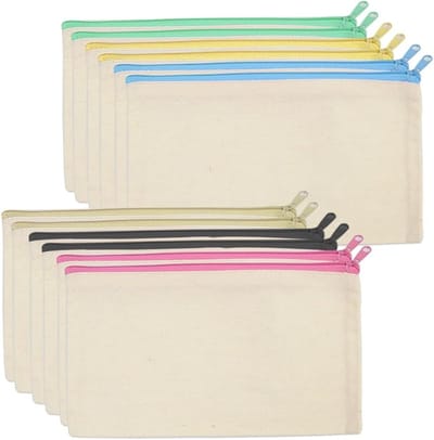 Set van 12 Canvas Make-up Tassen met Rits - Handige Pennen- en Cosmetica-opbergtassen voor Reizen, 21x12cm