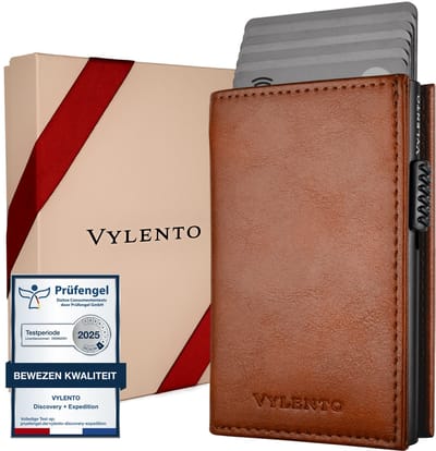 Vylento Discovery - Premium Pasjeshouder Uitschuifbaar - RFID Kaarthouder Mannen & Vrouwen - 10 pasjes - Muntvak met Rits en Geldvak - Inclusief Luxe Cadeaubox - Bruin