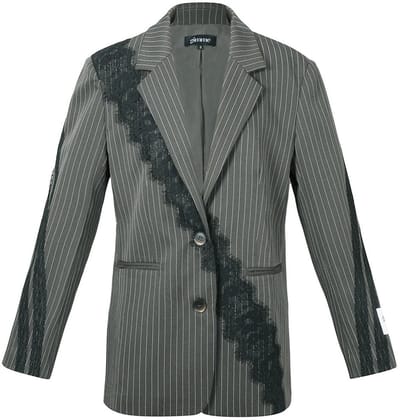 Woven Polyester Fiber Women's Suit Set Elegant Stripes Lace Panel