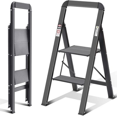 Famanu – Inklapbare trapladder met 2 treden stevig aluminium frame antislip treden en moderne afwerking zwart