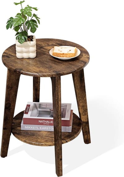 Ronde Houten Bijzettafel met Onderste Plank - Compact Nachtkastje voor Woonkamer en Slaapkamer