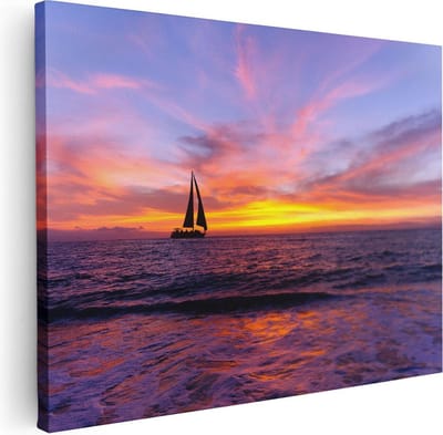 Artaza Canvas Schilderij Zonsondergang Zee - 40x30 cm - Klein - Wanddecoratie Strand - Muurdecoratie Zeilboot - Kamer Accessoires Woonkamer