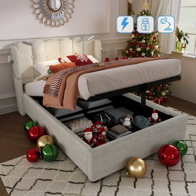 KOMHTOM Bed Eenpersoonsbed 90x200 cm Gestoffeerd Hoofdbord Opbergruimte Tienerbed met lattenbodem Naturel