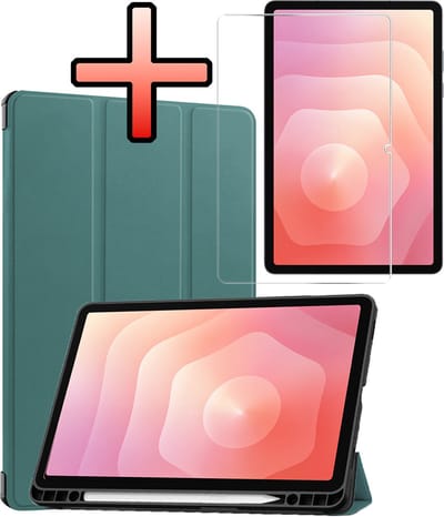 Hoes - Geschikt voor Samsung Galaxy Tab S11 - Met Screenprotector - Trifold Bookcase - Hard Cover Case - Met Uitsparing Geschikt voor S Pen - Hardcover Book - Tablet Hoesje - Donkergroen