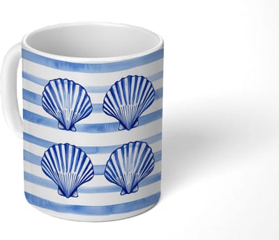 Mok - Koffiemok - Vier schelpen - Blauw - Wit - Strepen - Mokken - 350 ML - Beker - Koffiemokken - Theemok