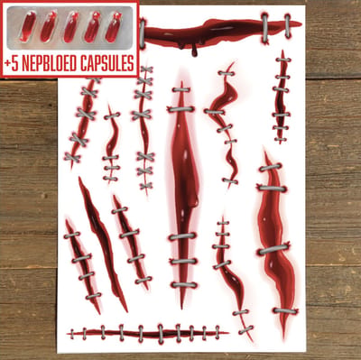 GetGlitterBaby® - Tattoo + Nep Bloed Capsules / Halloween Horror Decoratie Versiering Wonden Hechtingen / Carnaval Schmink Make Up Plak Tattoos / Tijdelijke Nep Tatoeage + Vloeibaar Dik Rood Bloed / Nepbloed / Nep Wond / Fake Kunst Blood - 5 Capsules