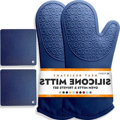 Ovenwanten en Onderzetters - Keukenhandschoenen Pannenlappen - Hittebescherming Keuken - BPA-vrij Siliconen - 4-delige set - Blauw