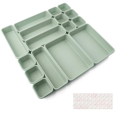 16 Stuks Lade Organizer Plastic Bakjes, 3 Formaten, Groen, voor Make-up, Sieraden, Kantoor, Badkamer