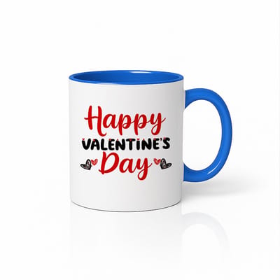 Happy Valentine’s Day Mok 330ml – Wit-Blauwe Koffiemok met Rood-Zwart Hartjes Ontwerp – Romantisch Cadeau voor Hem & Haar