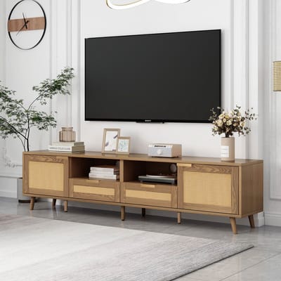 DESMIU Tv Meubel - Rattan Design Met 2 Deuren En 2 Laden - Voor Woonkamer En Mediahoek - Spaanplaat En Massief Houten Poten - 200x37x49 Cm - Eiken