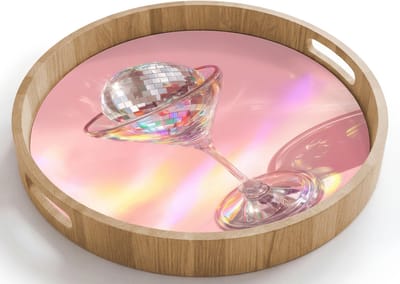 Dienblad rond 40x40 cm - Schootdienblad hout - Martiniglas - Discobal - Fonkelende lichtvlekken - Borrelplank rechthoek - Plateau houten dienbladen