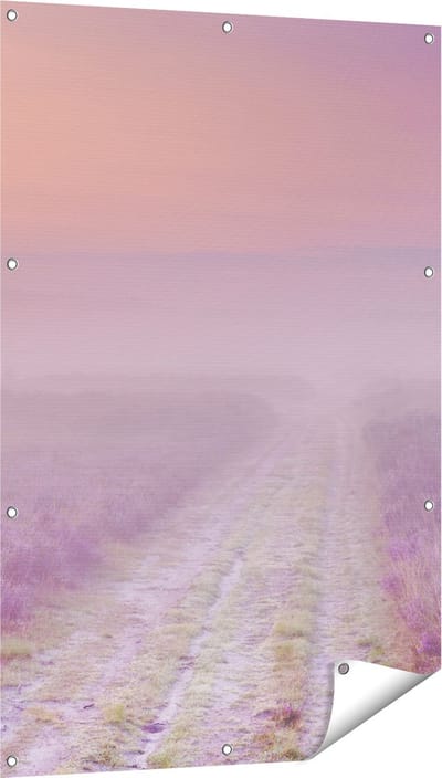 Gards Tuinposter Pad in de Weide tijdens de Mist - 80x120 cm - Tuindoek - Tuindecoratie - Wanddecoratie buiten - Tuinschilderij