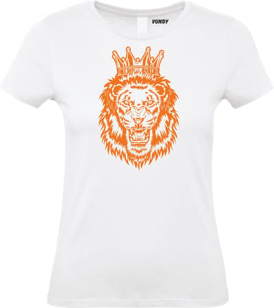 Dames t-shirt Leeuw Met Kroon Oranje | Koningsdag kleding | Oranje Shirt | Wit Dames | maat XS