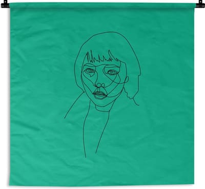 Wandkleed Line-art Vrouwengezicht - 10 - illustratie starende vrouw op een groene achtergrond Wandkleed katoen 60x60 cm - Wandtapijt met foto