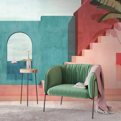 Fotobehang Profhome 398891-GU vliesbehang hardvinyl warmdruk in reliëf glad met architectonische motieven mat blauw rood roze grijs 2,12 m x 2,8 m
