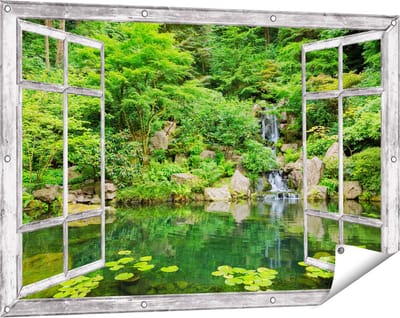 Gards Tuinposter Doorkijk Panorama van Japanse Tuin - 120x80 cm - Tuindoek - Tuindecoratie - Wanddecoratie buiten - Tuinschilderij