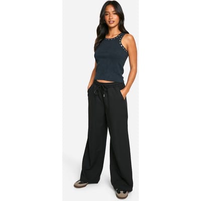 boohoo Dames Petite Getailleerde Broek met Trekkoord-Tailleband en Wijde Pijpen | Zwart | Maat: 38
