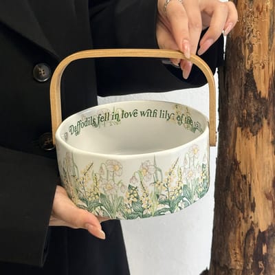 15 cm keramische fruitmand met afneembaar houten handvat | Decoratieve schaal voor fruit en snoep | Stijlvolle decoratie voor keuken, eettafel en kantoor