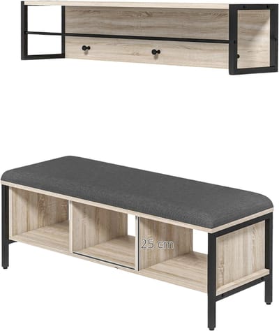 Noventra - Kapstok met Schoenenrek - Halmeubel - Garderobeset - Entreeset - Wandkapstok met Opbergbank - Houtlook - Industrieel - 100 x 35 x 45 cm