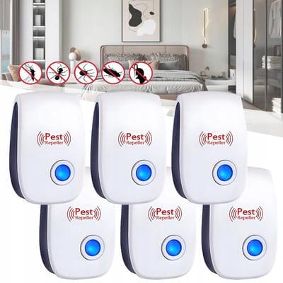 Ultrasone Ongediertebestrijder - 6 Stuks Met Stekker - Bereik 80-120m² - Laag Vermogen 1,5W - Niet-Giftig Veilig Voor Mens En Dier - Voor Binnen- En Buitengebruik - Wit