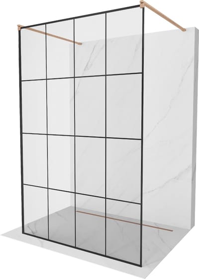 Mexen Kioto vrijstaande douchewand 130 x 200 , zwart raster 8 mm, geborsteld koper - 800-130-002-65-77