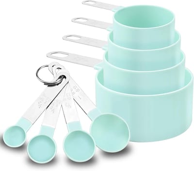 Famanu – Stapelbare maatlepel- en maatbekerset 8 stuks met roestvrijstalen handgrepen, geschikt voor alle ingrediënten