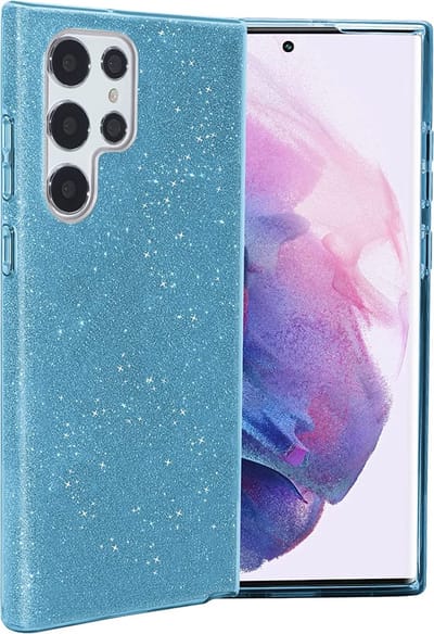 Casemania Hoesje Geschikt voor Samsung Galaxy S23 Ultra - Blauw - Glitter Back Cover