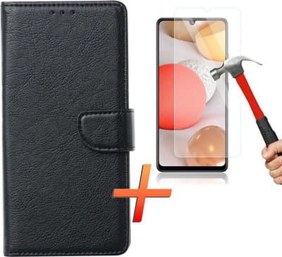 Hoesje geschikt voor Samsung Galaxy A12 Hoesje - Book Case Portemonnee - Zwart - 1x Tempered Glass Screenprotector - EPICMOBILE