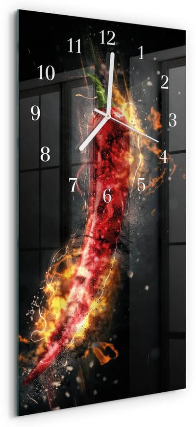 Tulup Wandklok - Hete peper Glazen Wandklok Design - 30x60 cm - Veelkleurig Klok Glas Met Opdruk - Witte Handen - Rechthoekige Wandklok - Klok Glas Met Opdruk - Moderne Wandklok Glas