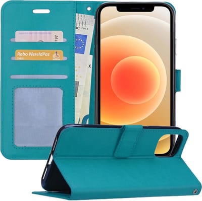 Hoesje - Met Pasjeshouder - Geschikt voor Apple iPhone 12 - Luxe Bookcase Portemonee - Flip Case - Kunstleer Book Case - Flipcase - Book Cover - Walletcase - Portemonneehoes - Telefoonhoesjes - Turquoise