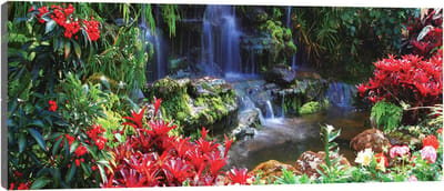 Canvas Schilderij - Waterval in jungle - Natuur - Landschap - Bomen - Uitzicht - Planten - Schilderij Woonkamer - Schilderijen op canvas - Inclusief Frame - 45x145cm (LxB)